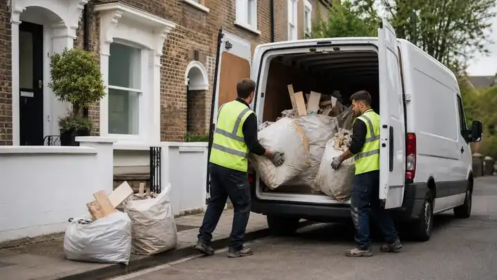 Builders loading building waste into a removal van outside a London property.