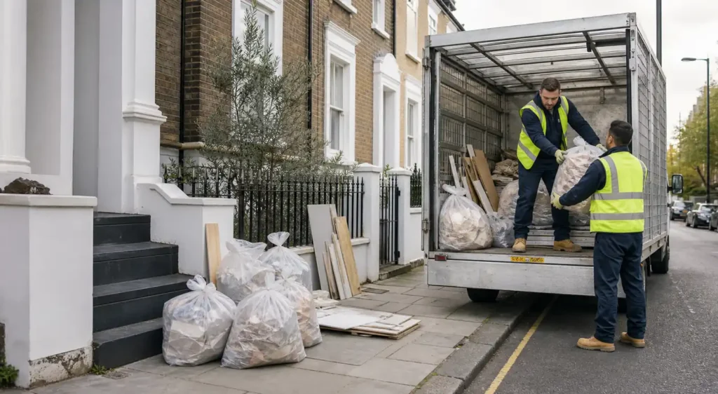 Construction garbage removal team clearing bagged rubble from a London renovation property